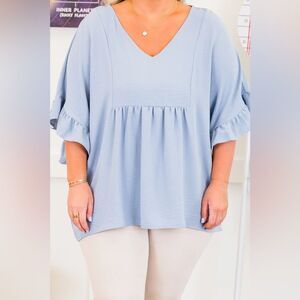 Chic Soul Holding Steady Top Light Blue ChambrayV-Neck Women's Top 2X Plus Size
